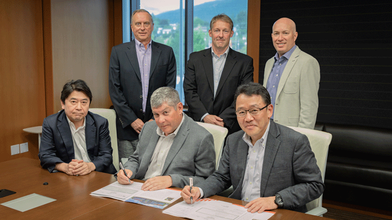 Kal Tire Mitsubishi SHA signing ceremony at Kal Tire HQ (Front row right; Hiroshi Kakiuchi, COO, Performance Materials Business Unit. Front row middle; Dan Allan, SVP, Kal Tire’s Mining Tire Group)